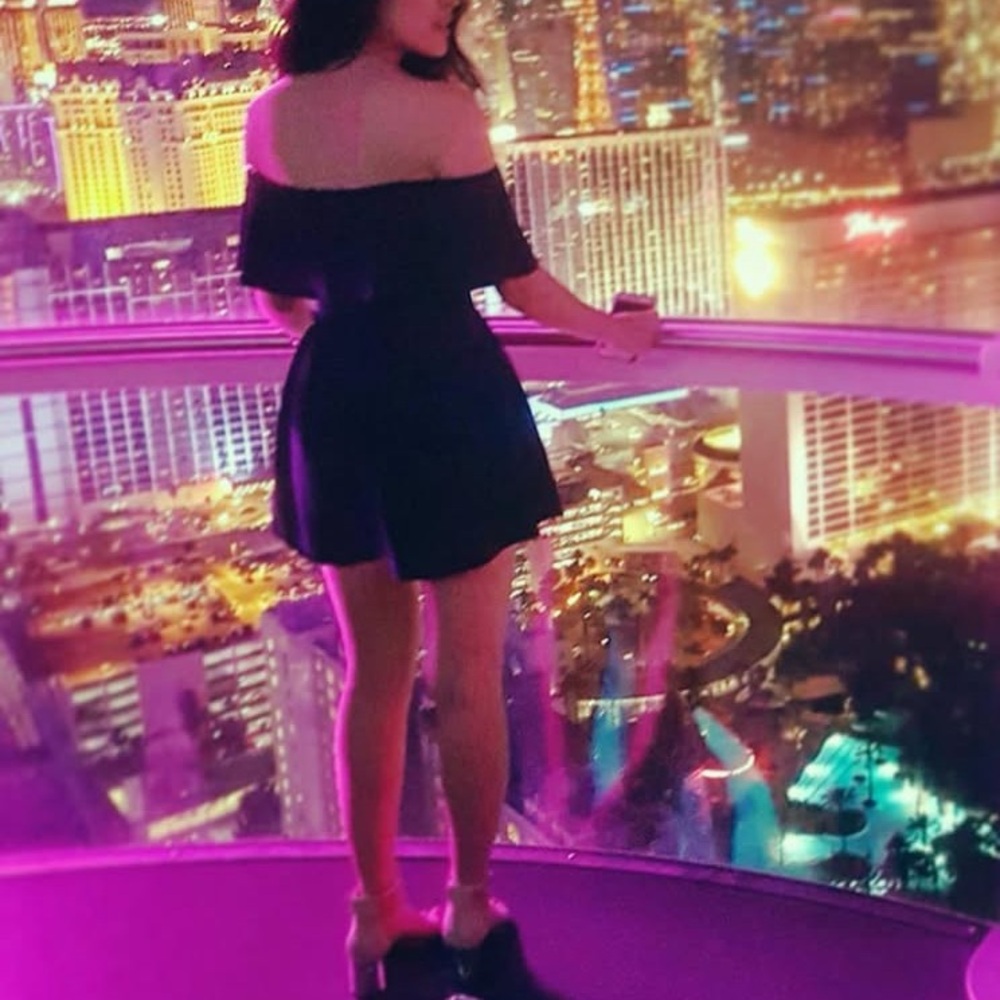 EUC Fashion Nova Elegant Navy Blue Off-Shoulder mini Romper w/ruffle and pleats